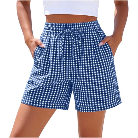 QTBIUQ Women Checkered Shorts with Pocket Drawstring Elastic Waist Loose Daily Home Casual Sporty Shorts