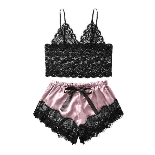 Conjunto de camiso de de para mujer Ropa de dormir ribete de encaje y pantalones cortos Despedida de soltera Baoblaze Mujer de encaje braga