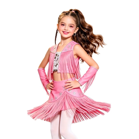 Linjinx 3 Piece Girls Sparkle Western Cowgirl Dance Outfit Set Pink 8