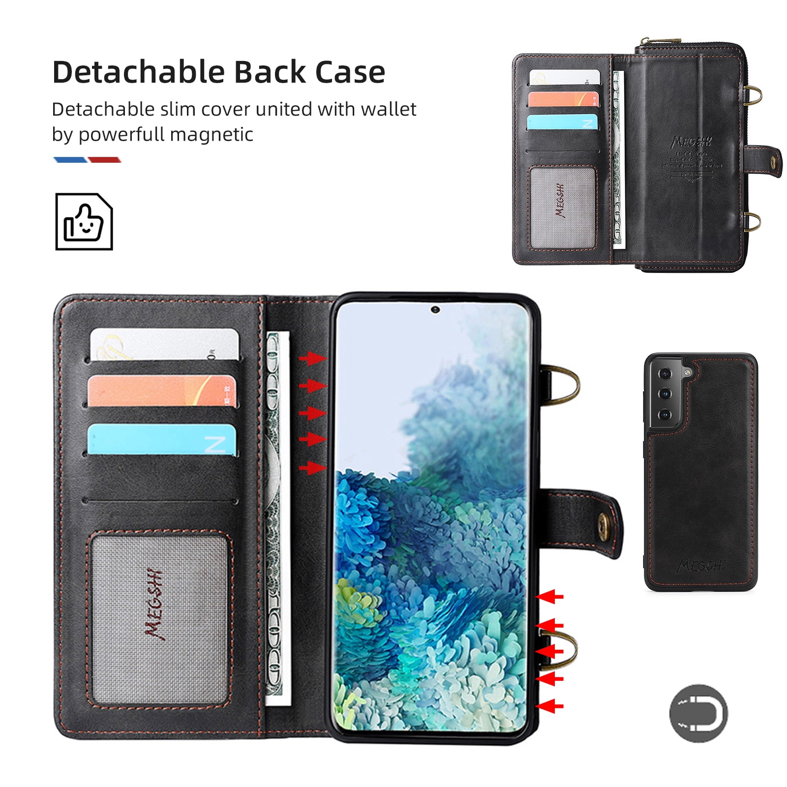 Galaxy S22 Wallet Case Premium Leather Flip Zipper Detachable Magnet Wallet Stand Card Holder Case with Crossbody Lanyard Strap Zipper Pocket Cover for Samsung Galaxy S22 6.1 inch 2022,Black