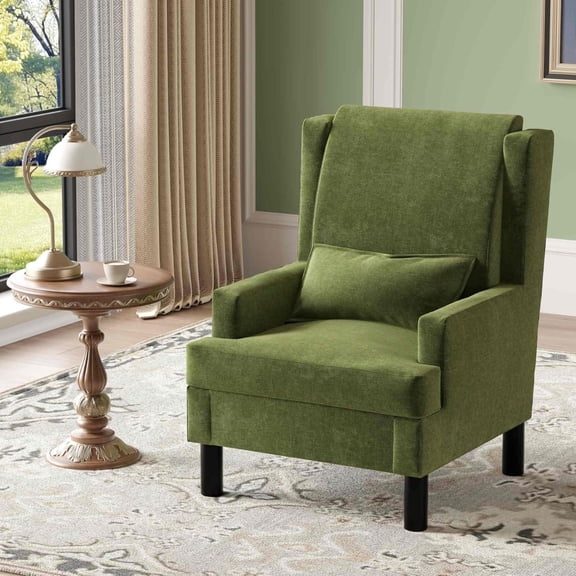Aprafie Ergonomic Wingback Chair, 20.7" High Back Accent Chair with Ultra-Thick Cushion, Solid Wood Arms & Legs for Living Room, Bedroom, Reading Nook, Green