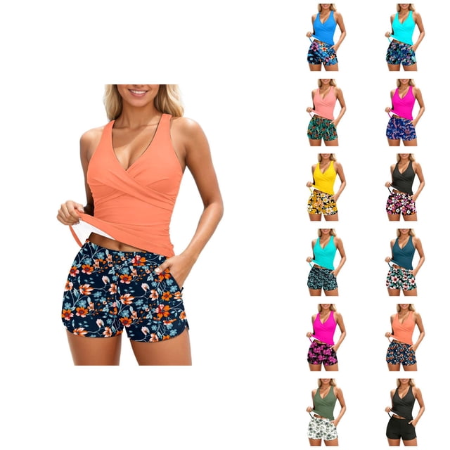 Maillots de Bain pour Femmes Tankini 2026 Tendance Modeste Haut Croisé à Col en V Profond avec Shorts de Bain Deux Pièces Maillots de Bain pour Femmes
