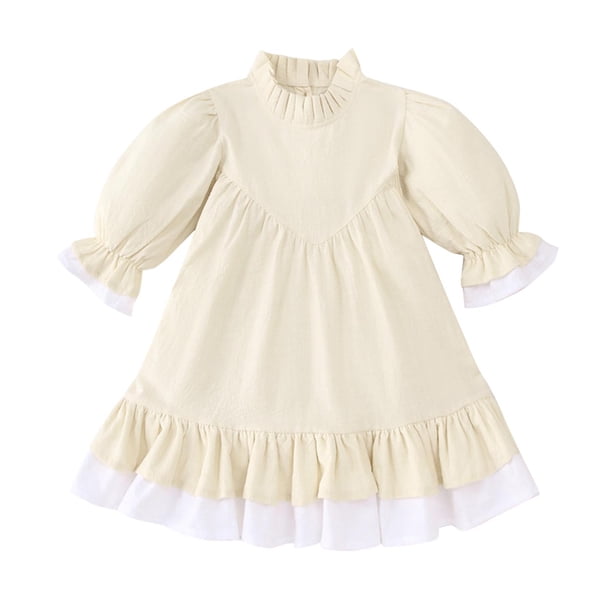 Odeerbi Niñas Vestido Manga Larga A-Line Primavera Verano Vestido Ruffle Princesa Color Sólido Dulce Cuello Redondo Vestido Manga Farol