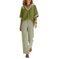 thumbnail image 2 of Maqroz Women 2 Piece Outfits Sets Summer Striped Print Short Sleeve V Neck Top and Striped Pants Set Elastic Waist Pockets Casual Vacation Sets Green M, 2 of 7