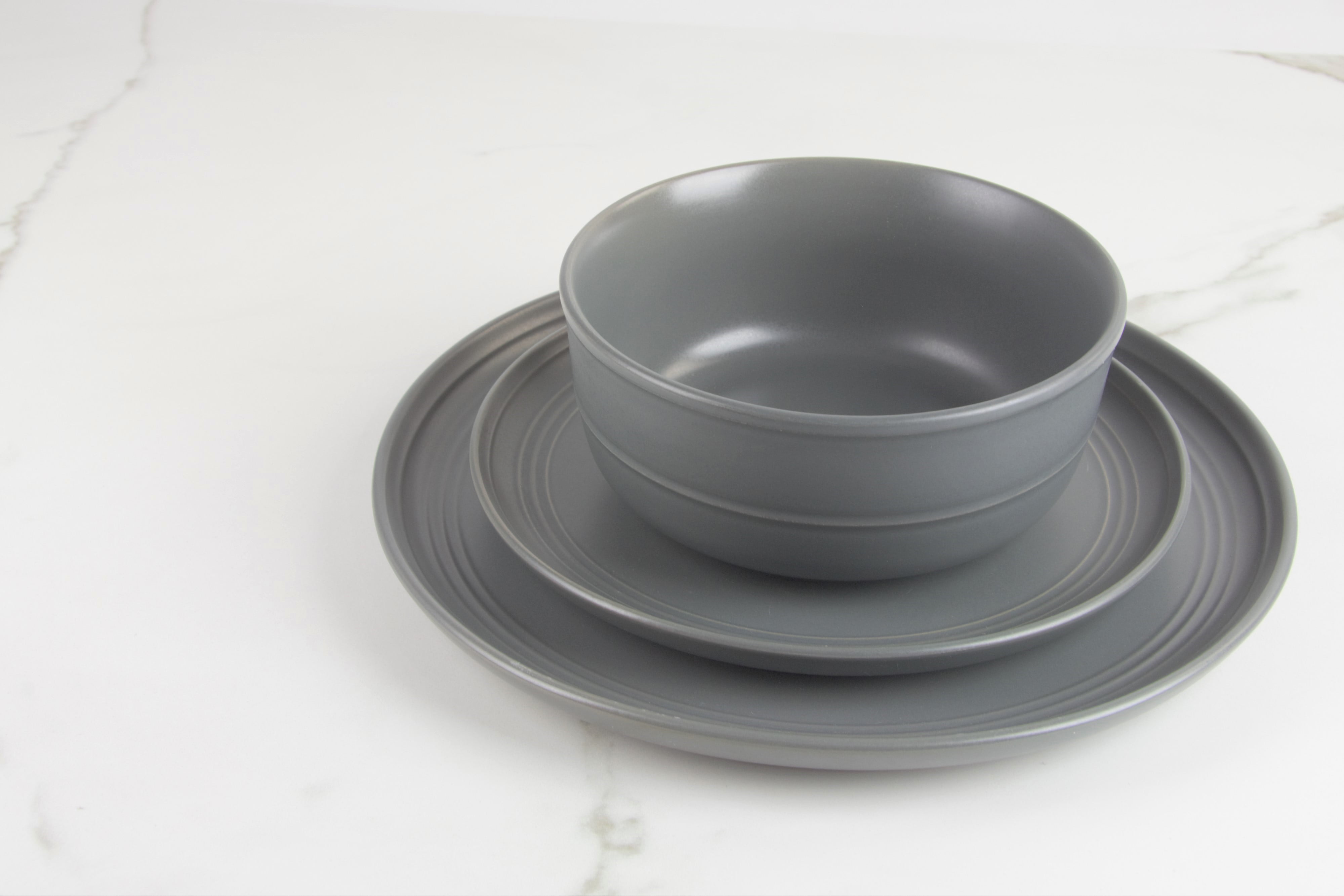 10 Strawberry Street Double Line 8.25" Round Stoneware Salad Plate, Set of 6, Matte Gray
