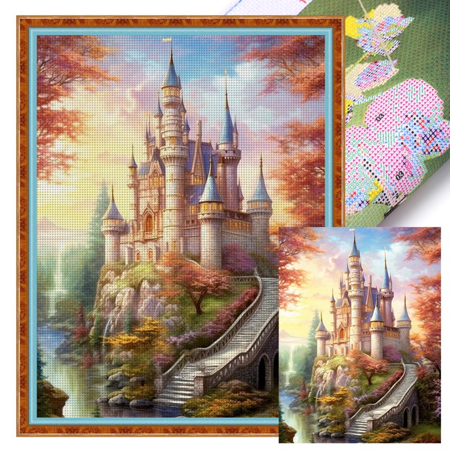 Hilo Algodón Bordado Kit Punto Cruz Con Castillo Escénico Impreso 14CT 45x60cm