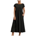 thumbnail image 1 of Vestido informal de lino sin mangas para mujer con bolsillos - Vestido midi de verano holgado con cuello redondo, 1 of 6