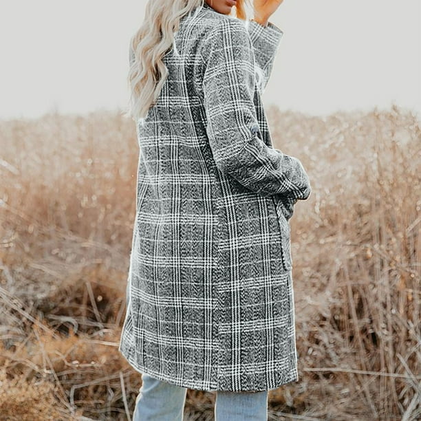 XZNGL Long Plaid Jacket Women Ladies Fashion Temperament Long Pocket Buttons Plaid Woolen Coat Jacket Plaid Coat Women Long Coat for Women Walmart