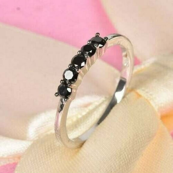 Sparkle Jewels Round Black Cubic Zirconia Five Stone Dainty Band Ring 14K White Gold Finish