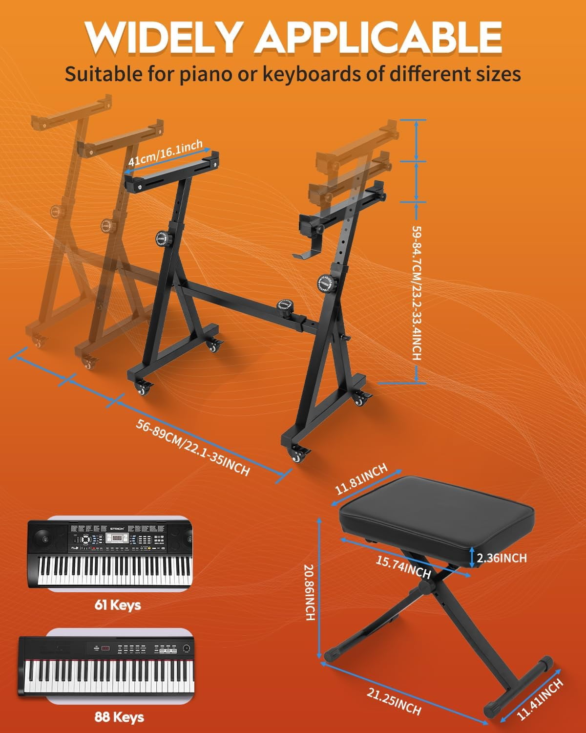Piano Keyboard Stand & Bench Set, Z-Style Portable Heavy Duty Digital Piano Stand for 54-88 Key Electric Pianos & X-Style Adjustable Piano Bench, Chair, Black, SKT-02S & SPB-M10