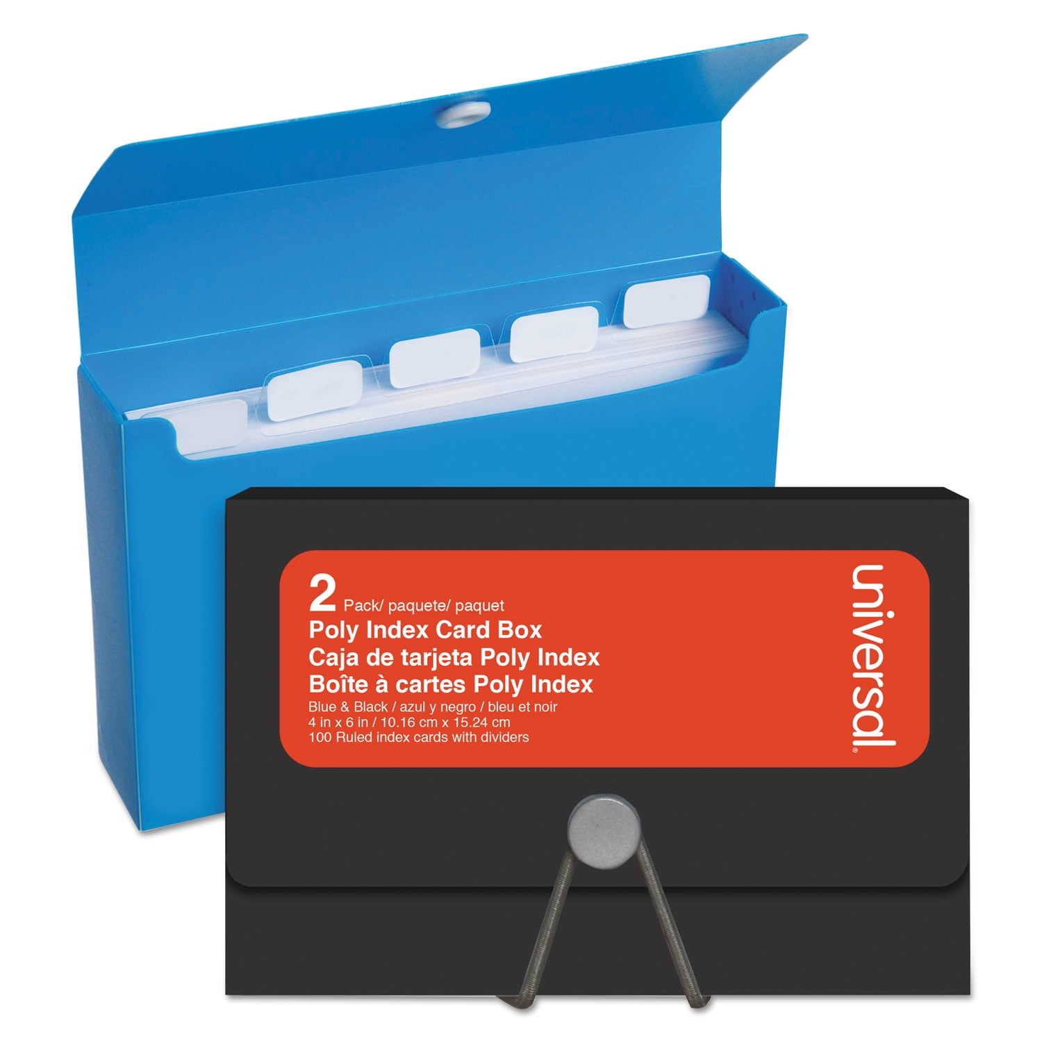 Universal Poly Index Card Box Plastic Black/Blue 4" x 1.33" x 6" 2/Pack