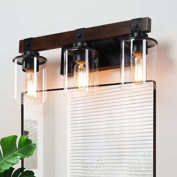 GCGAFUL Farmhouse Bathroom Vanity Light, 18.5 Inch 3-Light Black and Walnut Wall Sconce with Clear Glass Shades, Dimmable E26 Base