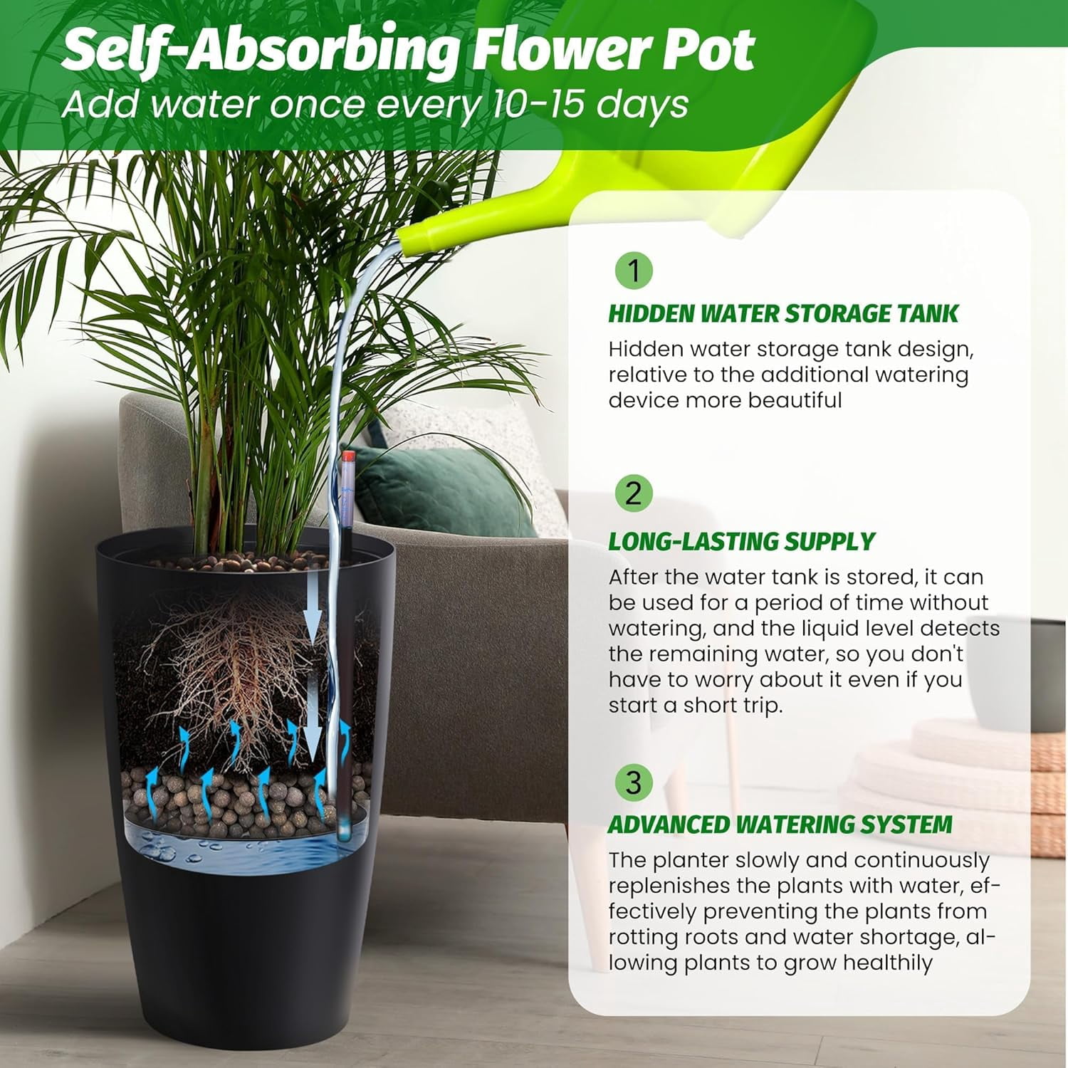 Goldensoil 2 Pack 21.5" Tall Round Planter Pots, with Water Level Monitor ＆ Inner Bucket, Black