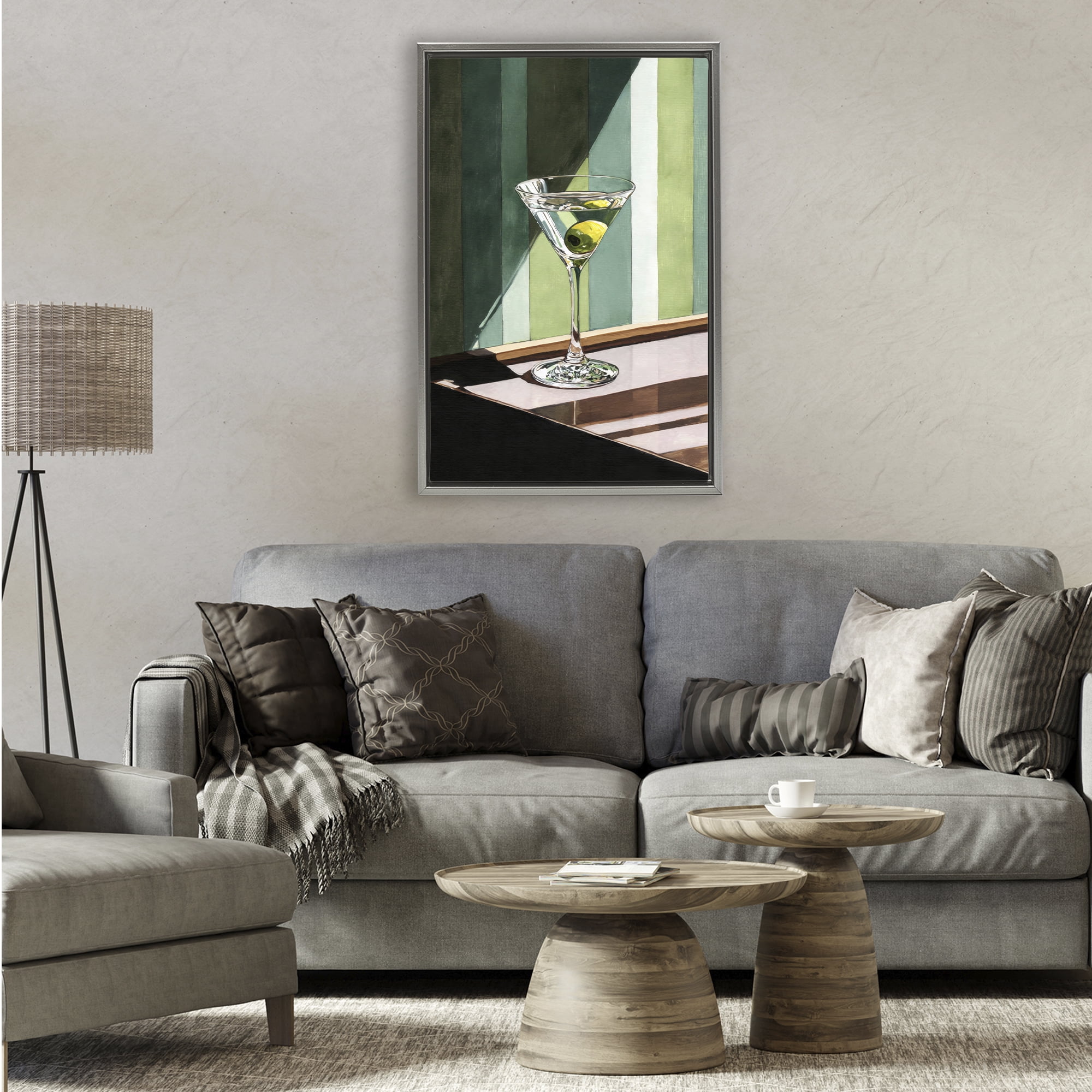 Stupell Industries Olive Martini in Sun Beam Gray Framed Floater Canvas Wall Art, design by Petal Prints Design