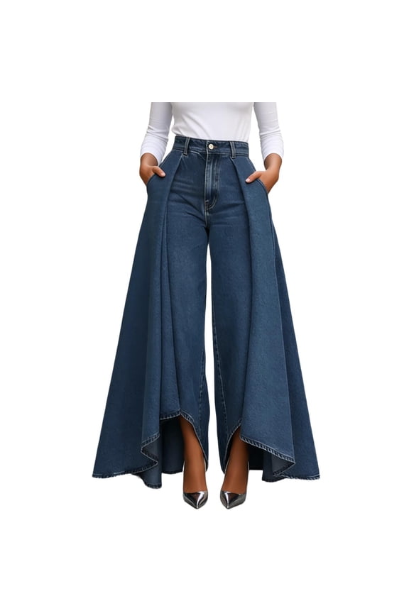 Irregular Pleated Denim Pants for Women High Waisted Wide Leg Trendy Street Style Casual Jeans with Button Detail and Pockets Baggy Flowy Comfort for Everyday Wear Dark Blue XXXL
