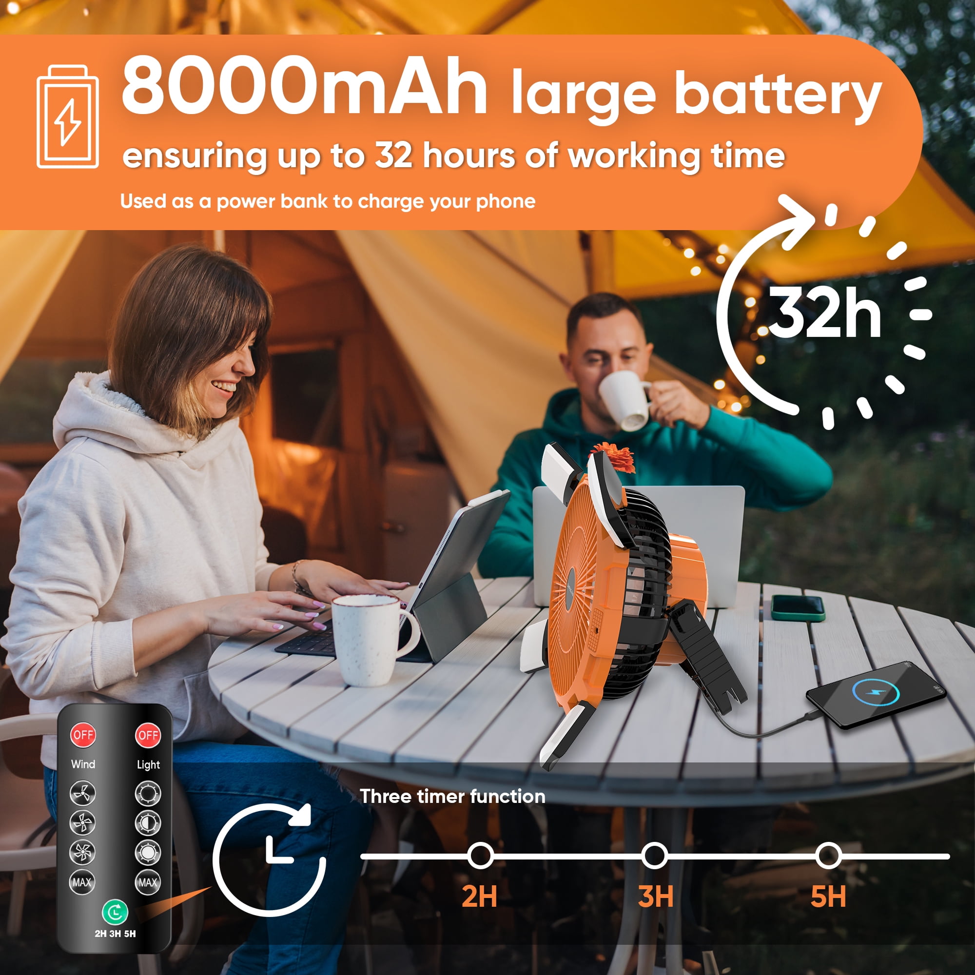PortableOut Camping Tent Fan, Battery Powered Fan, USB Outdoor Fan, Camping Accessories