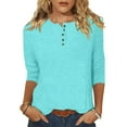 thumbnail image 2 of CQONEPT Women's 3/4 Sleevee Shirts Henley Scoop Neck Tunic Tops Casual Solid Color Pullover Outdoor Trendy Blouse Light Blue M, 2 of 5