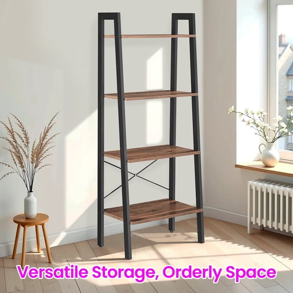 LEDREM 4-Tier Ladder Shelf Heavy Duty Storage Shelf with Steel Frame, Storage Rack Bookshelf for Home, Office, Hazelnut Brown and Ink Black
