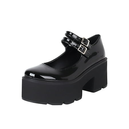 

Cglfd Women Leather Shoes British Style Belt Buckle Student Wearable Casual Thick High Heels Solid Color Ankle Strap Round Toe Sandals