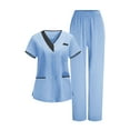 thumbnail image 2 of Yuanlook Scrubs Set for Women 2 Piece Nurse Working Uniforms Casual Comfy Solid Short Sleeve V-Neck Caregiver Tops & Elastic Waist Pants S-3XL,5 Pockets, 2 of 9
