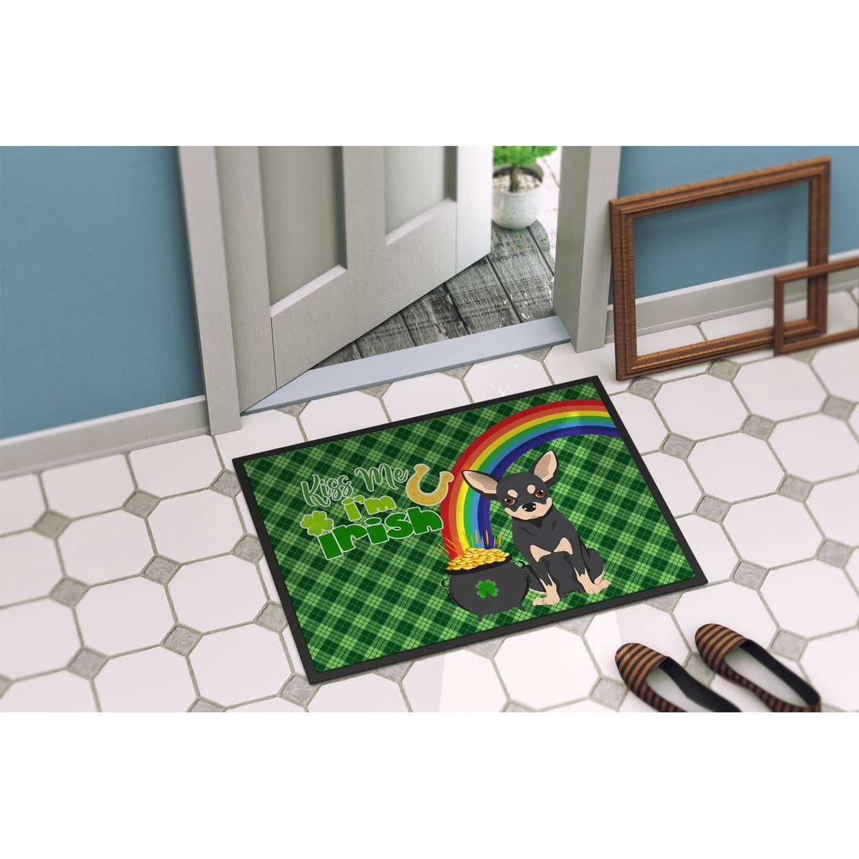 Black and Cream Chihuahua St. Patrick's Day Indoor or Outdoor Mat 24x36 36 in x 24 in