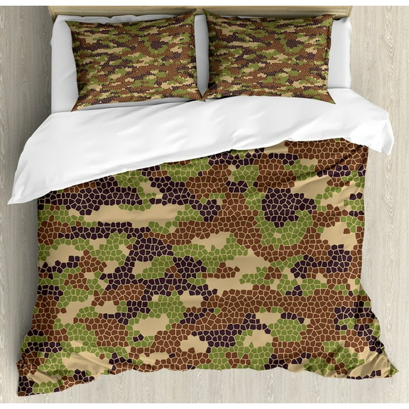 Camo Duvet Cover Set, Summer Season Pattern Abstract Concept Comb Like Mosaic Form Illustration, Decorative 3 Piece Bedding Set with 2 Pillow Shams, Calking Size, Green Brown Dark Brown, by Ambesonne
