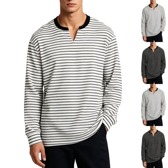 Jaunzuar V Neck T Shirts Men Long Sleeve Striped Print T Shirts Pullover Everyday Wear Casual T Shirts L