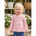 thumbnail image 5 of RUINIXCW Toddler Baby Girl Long Sleeve Shirt Waffled Striped Tops Little Girl Spring Fall Winter Clothes Peter Pan Doll Collar Ruffle Hem Button Shirt, 5 of 10