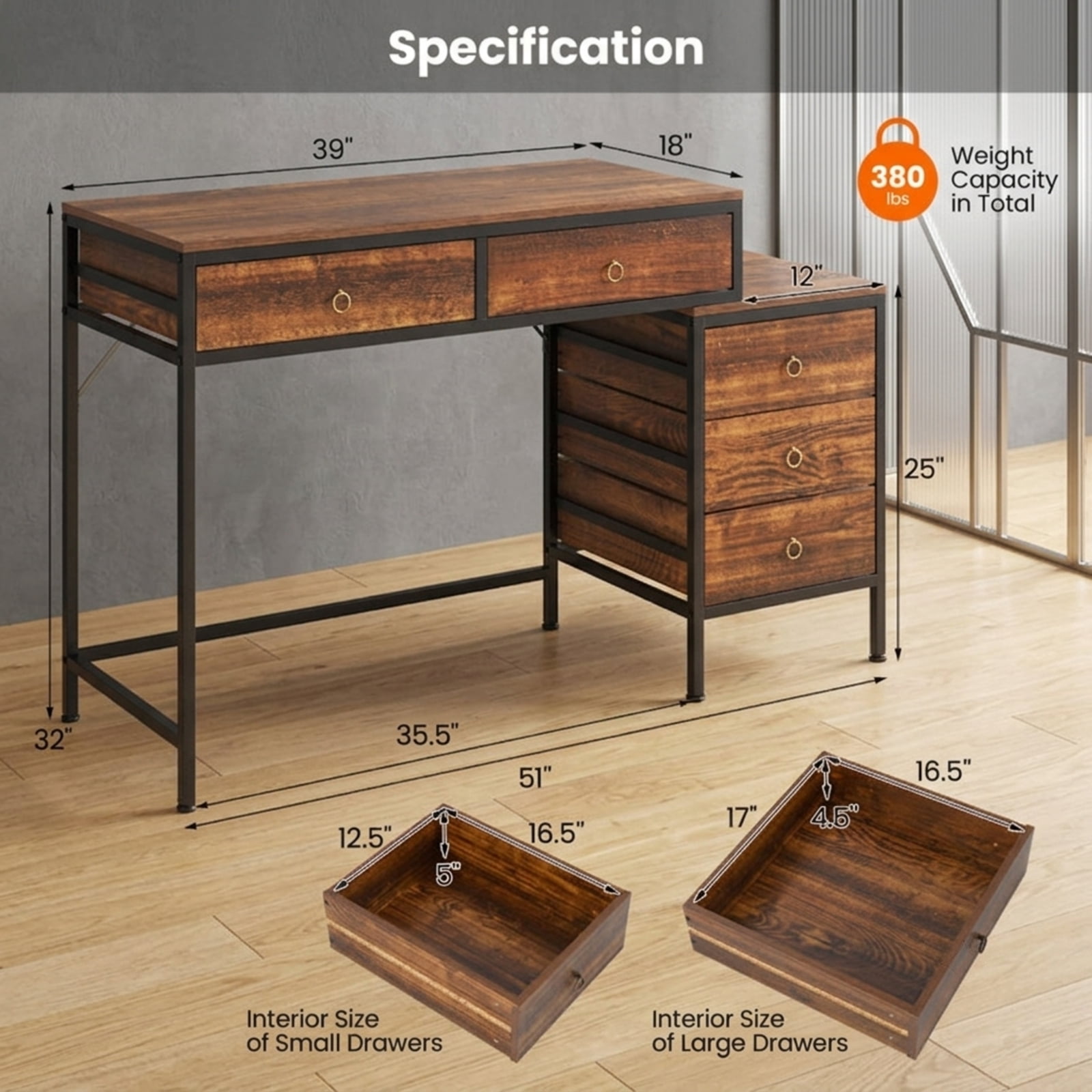 Furnibear Computer Desk with 5 Drawers and Side File Cabinet Industrial Home Office Desk with Metal Frame for Study and Work, Rustic Brown