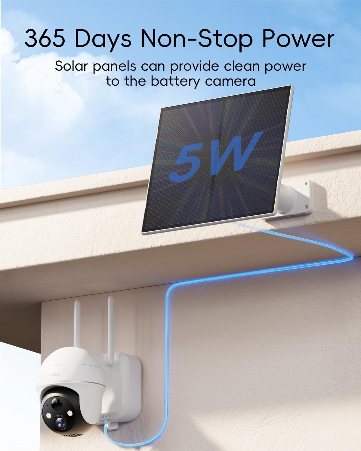 ZUMIMALL 5W Solar Panel for Security Cameras, IP66 Weatherproof, 360° Adjustable Bracket, 10ft Cable, Micro USB & Type-C Port,White