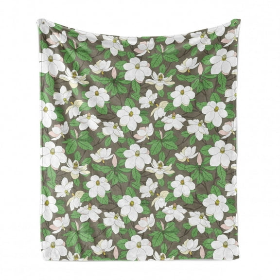 Floral Soft Flannel Fleece Throw Blanket, Magnolia Flower Bouquets Blooming Petals Gardening Field Pattern, Cozy Plush for Indoor and Outdoor Use, 70" x 90", Green Brown and Multicolor, by Ambesonne