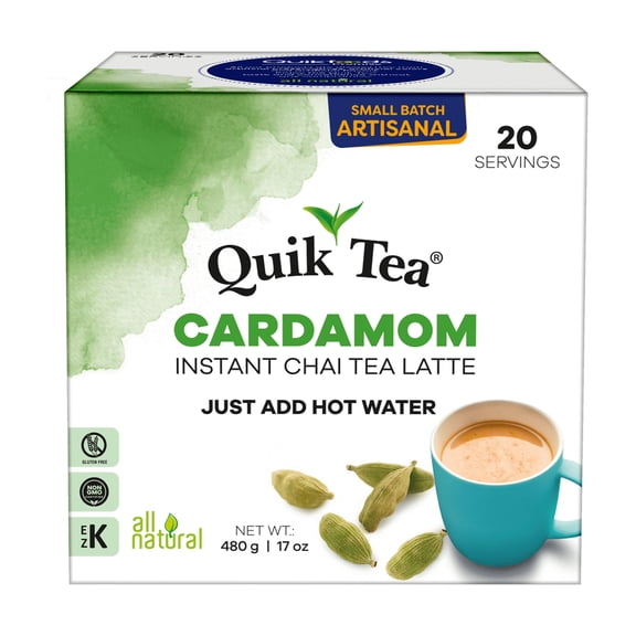 QuikTea Instant Cardamom Chai Tea Latte, 20 Single-Serve Sachets, Artisanal Indian Chai Latte Mix, Just Add Hot Water, Low Caffeine, Non-GMO, Gluten Free