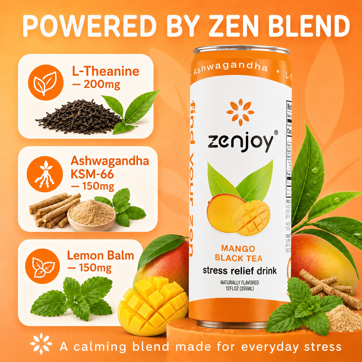 Zenjoy Stress Reief Drink, Calming Black Tea, Non Alcoholic, Ashwagandha & Lemon Balm for Stress Relief, L - Theanine for Focus (12 Pack) (Mango)