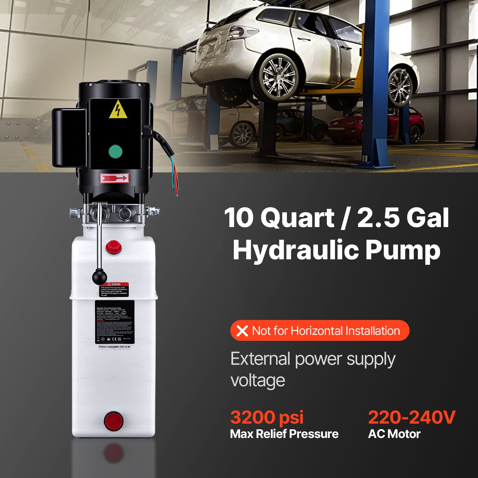 KFFKFF 10 Quart Hydraulic Pump, 2.2KW Motor for Dump Trailer, Single Acting Unit with 3200 PSI Max Pressure, 1.7 GPM Flow Rate, AC220-240V Power Unit for Vertical Installation