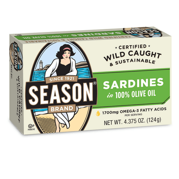Season Skinless & Boneless Sardines in Olive Oil 124g |Gluten-Free Keto Kosher Non-GMO Omega-3 Fatty Acids Sugar-Free Certified Wild Caught & Sustainable Fresh Fish Ready to Eat Fish Gourmet 6 Pack