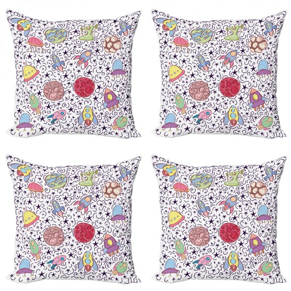 Doodle Throw Pillow Cushion Case Pack of 4, Continuous Outer Space Themed Pattern with Planets Rockets and Aliens, Modern Accent Double-Sided Print, 4 Sizes, Dark Purple Multicolor, by Ambesonne