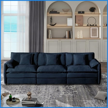 Modern Chenille 3-Seater Deep Sectional Sofa – Oversized Modular Couch with Pillows for Living Room, Green/Blue