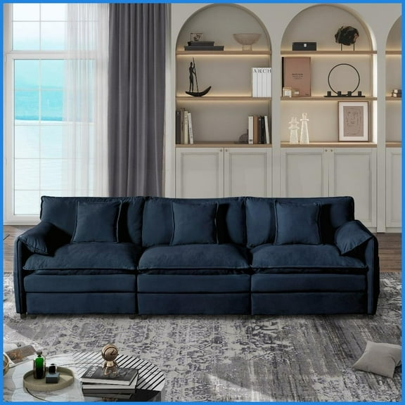 Modern Chenille 3-Seater Deep Sectional Sofa – Oversized Modular Couch with Pillows for Living Room, Green/Blue