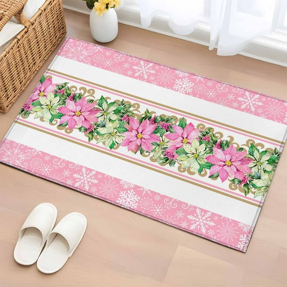 Pink Christmas Bathroom Rug Washable 2x3 Entryway Rug Non Slip Poinsettia Botanical Snowflake Front Door Mat Low Pile Indoor Doormat Throw Floor Carpet for Kitchen Bedroom Entrance