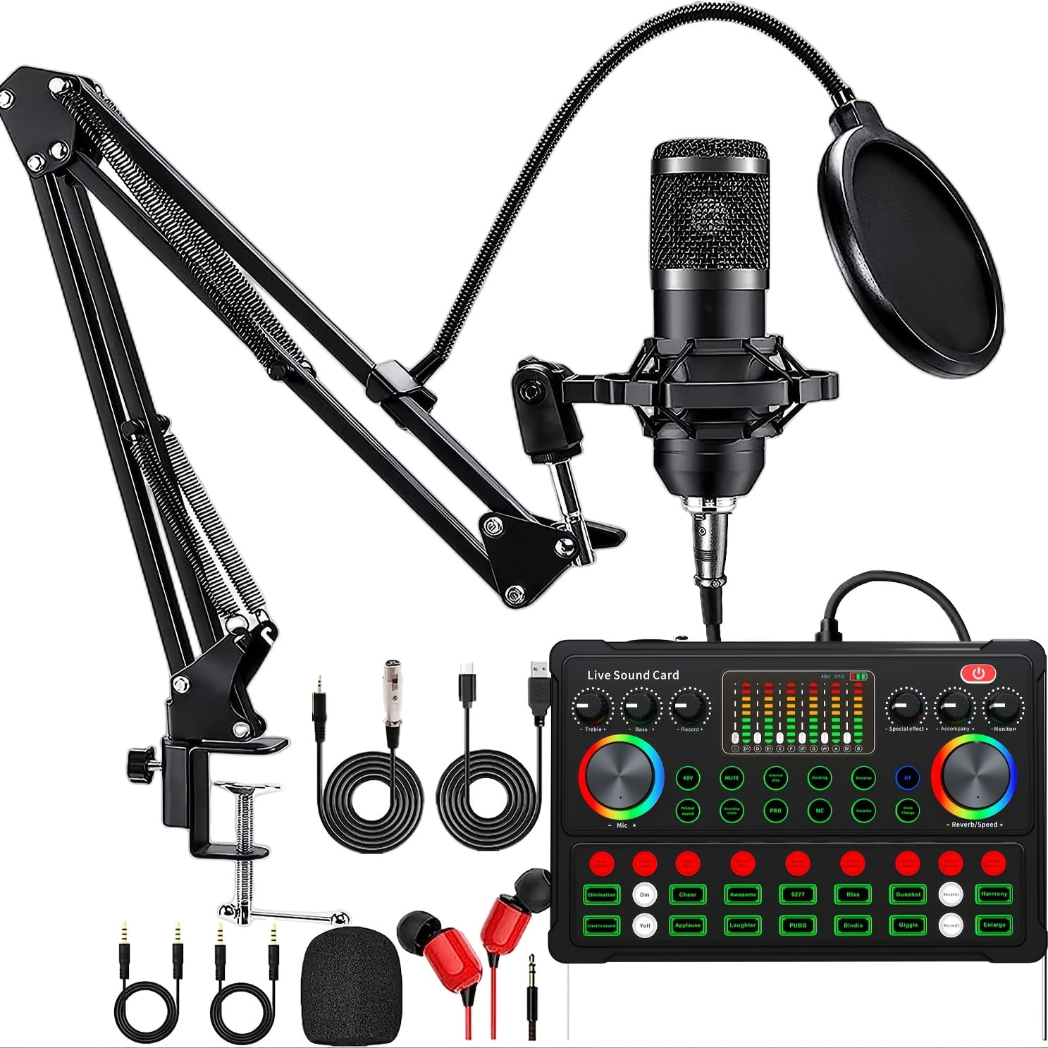 Podcast Equipment Bundle XLR Large Diaphragm Condenser Microphone with Live Sound Card Condenser Microphone Bundle for Studio Recording & Broadcasting