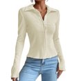 thumbnail image 1 of Camiseta informal ajustada de Color sólido para mujer, rebeca con botones de solapa, camisetas de manga larga con aberturas, Tops de otoño, ropa de calle de Color sólido, 1 of 5