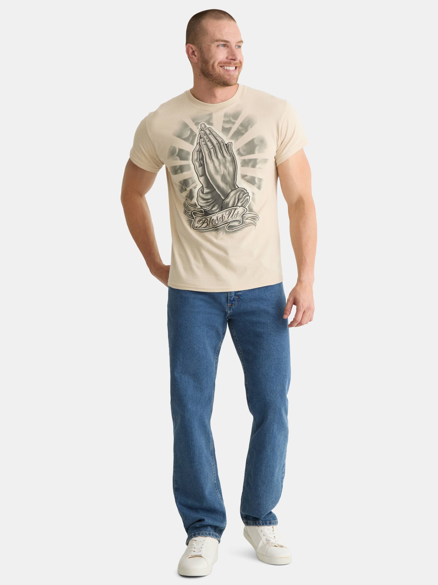 Humor Men's and Big Men's Bless Us Praying Hands Cotton Graphic Tee, Size S-3XL