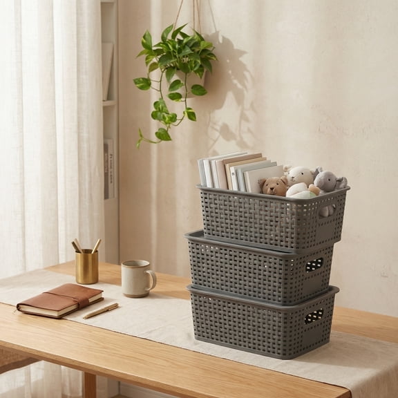 Plastic Hollow Woven Storage Basket Stackable Desktop Organizer Bin for Books Stationery Cosmetics and Household Items, Gray