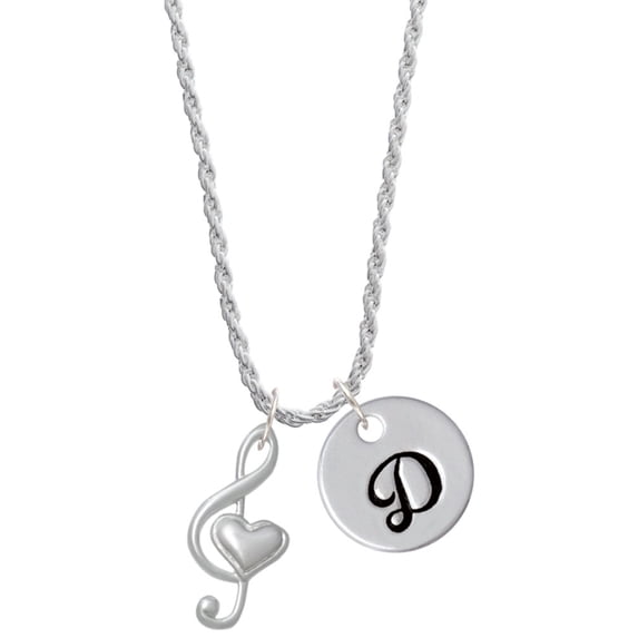 Delight Jewelry Silvertone Large Clef with Heart Silvertone Script Initial Disc - D - Charm Necklace, 20"+3"