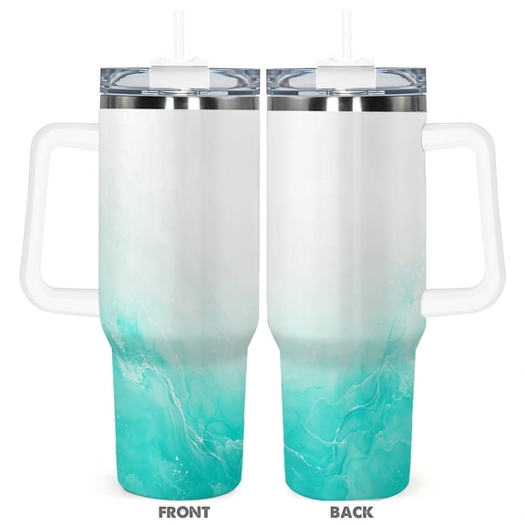 40oz Aqua Marble Insulated Travel Tumbler with Handle and Straw Lid Car Cup Holder Friendly Coffee Cup Gift