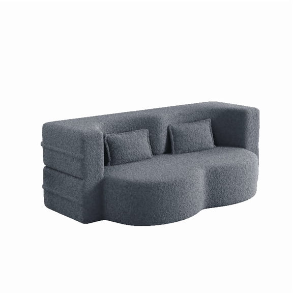 TICOZE 78 Inch Grey Modern Floor Sofa with 2 Pillows, Convertible Teddy Fabric Sleeper Sofa Bed, Full Size Folding Mattress for Living Room and Guest Room