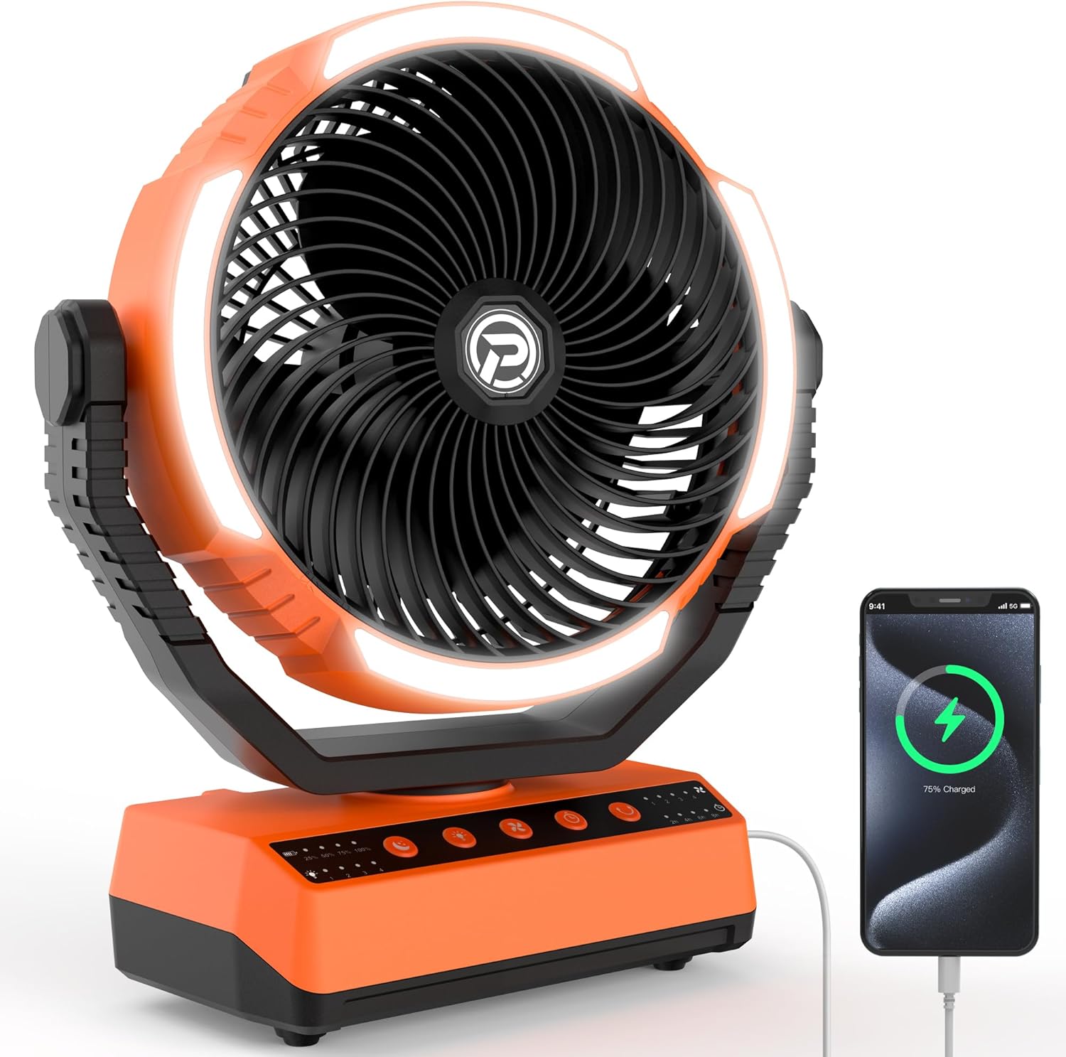 20000mAh Rechargeable Camping Fan with Light, 70HRS Running, Auto Oscillating, 4-Speed,for Tent, Travel, Power Outage, Jobsite,Charger Adapter Included