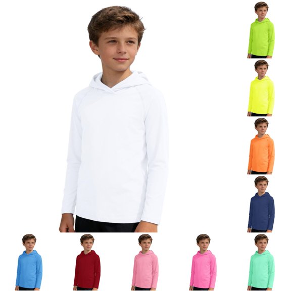 Krdevn Kids Solid Color Hooded Long Sleeve Shirt, Lightweight Outdoor Sun Protection Casual Pullover Top for Boys and Girls,White