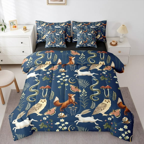 Manfei Boho Jungle Animal Twin Bedding Sets 7-Piece for Child, Squirrel Fox Butterfly Bedding Comforter Set, Rustic Farmhouse Reversible Sheet Sets, Breathable Home Decor