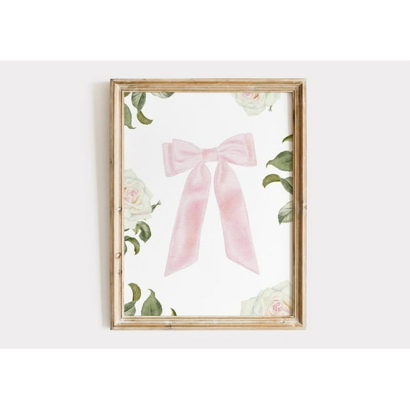 Coquette Roses Print, Pink Bow Wall Art, Vintage Girly Wall Art For Nursery/Bedroom, Or Home Decor #2285, 8x12 UNFRAMED